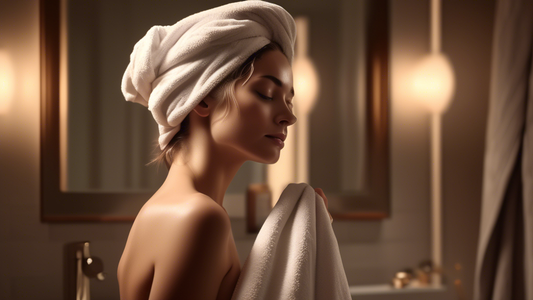 Photorealistic image of a person gracefully wrapping their hair in a luxurious, soft towel after a shower. The towel is particularly plush and elegant, with subtle detailing and rich texture. The sett