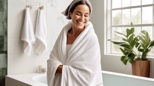 Create an image showcasing a stylish and soft Noughty Hair Towel in use. The scene should feature a person with wet hair wrapped in the towel, smiling and looking relaxed in a modern, elegant bathroom