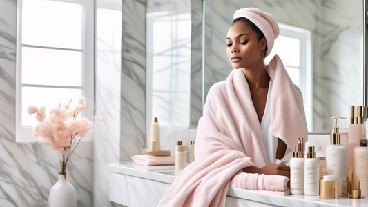 Create an image of a luxurious bathroom scene featuring a woman with healthy, shiny hair wrapped in a stylish Prose Hair Towel. The towel should be in a soft, pastel color, exuding comfort and eleganc