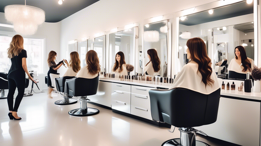 Create an image of a brightly lit, modern salon with a chic interior. Several expert hairstylists are seen in action: one is skillfully cutting a client's hair, another is perfecting a hairstyle using