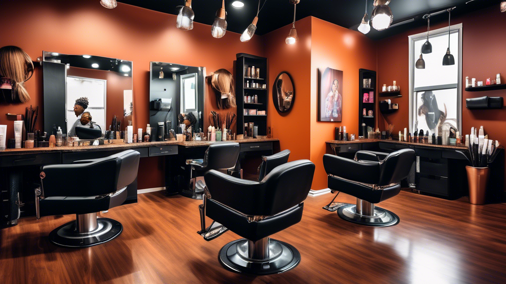 Create an image of a vibrant, modern salon with diverse Black hair stylists working on clients with various hairstyles such as braids, locs, and afros. The salon should have a welcoming atmosphere, st