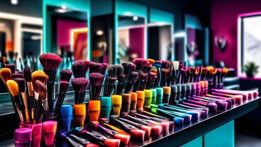 A detailed and vibrant image showing a variety of professional hair dye brushes laid out on a sleek salon countertop, emphasizing different brush sizes, shapes, and bristle types. The background featu