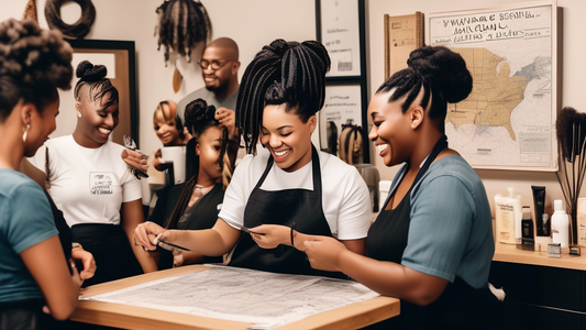 Create an image of a diverse community salon with a welcoming sign, featuring various black hair care styles being done by experienced stylists. Show people with natural hair, braids, and locs smiling