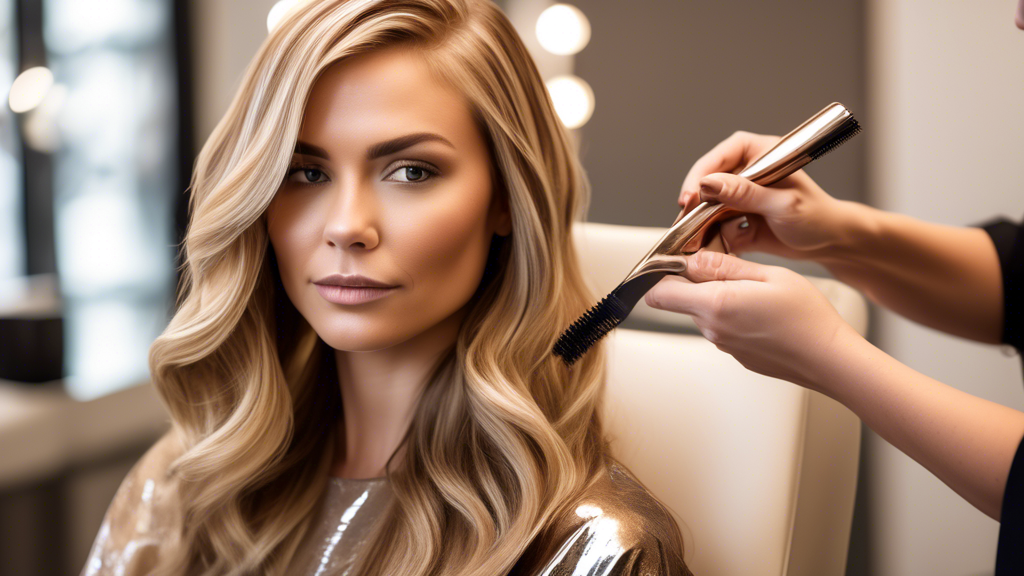 A close-up image of a woman with light brown hair, sitting in a chic, modern salon. Her hair is beautifully enhanced with expertly applied blonde foils, adding depth and dimension. The stylist, holdin