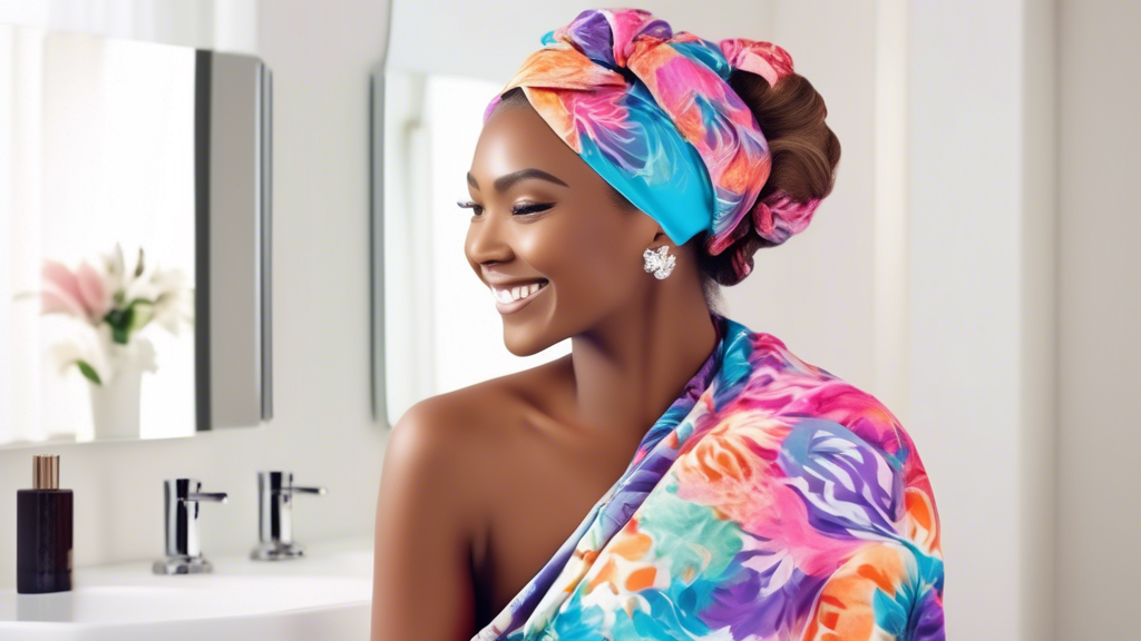 Create an image of a person happily styling their hair with a luxurious Muaves hair wrap, featuring a range of vibrant colors and soft, high-quality fabric. Showcasing the ease and elegance of using t