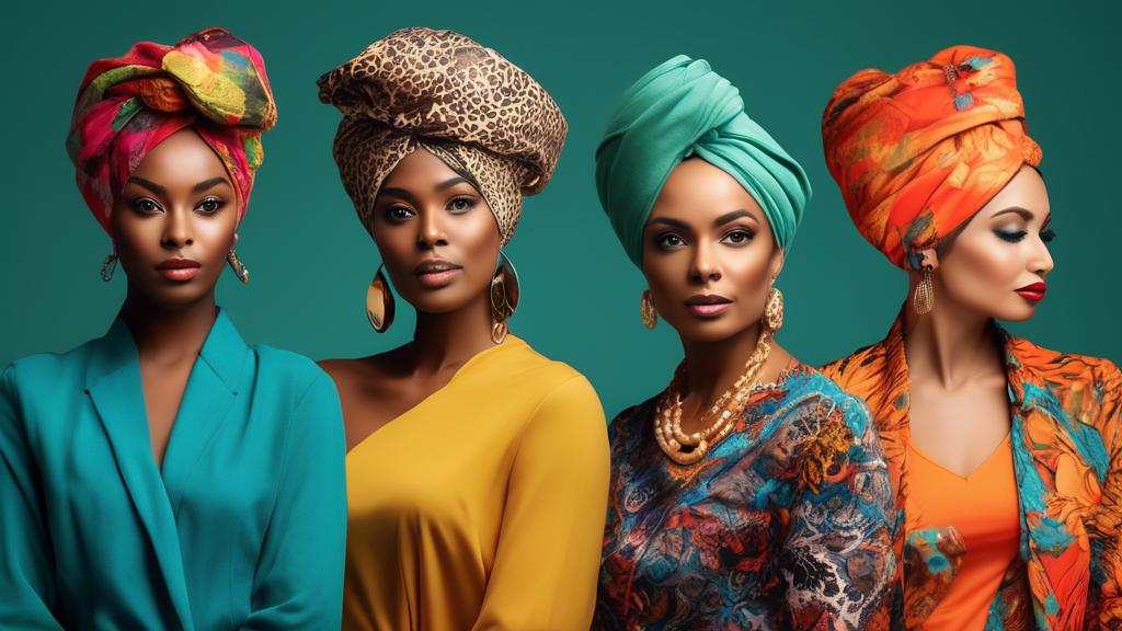 Create an image of diverse women confidently wearing stylish hair turbans in various vibrant colors and patterns. The background should feature a bright, trendy setting, such as a chic boutique or a c