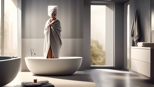 Create an image of a person in a modern, stylish bathroom with sleek decor, wrapped in a high-tech, ultra-absorbent towel that is visibly drying their hair quickly. The towel should look advanced and 