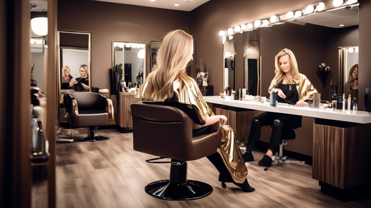 Create an image of a professional salon setting where a hairstylist is applying blonde foils to enhance a client's brown hair. The client is seated comfortably in a modern salon chair, with the hairst