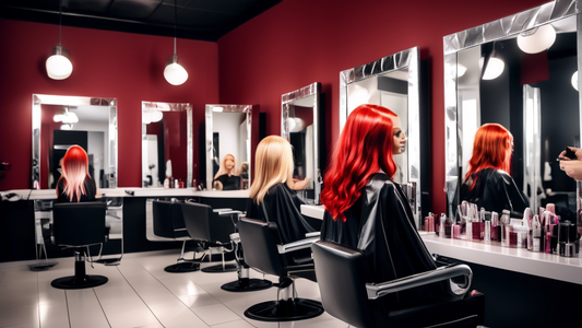 A stunning portrait of a person with vibrant red hair receiving blonde foils at a chic hair salon. The scene features a stylish, modern setting with sleek black chairs, large mirrors, and contemporary