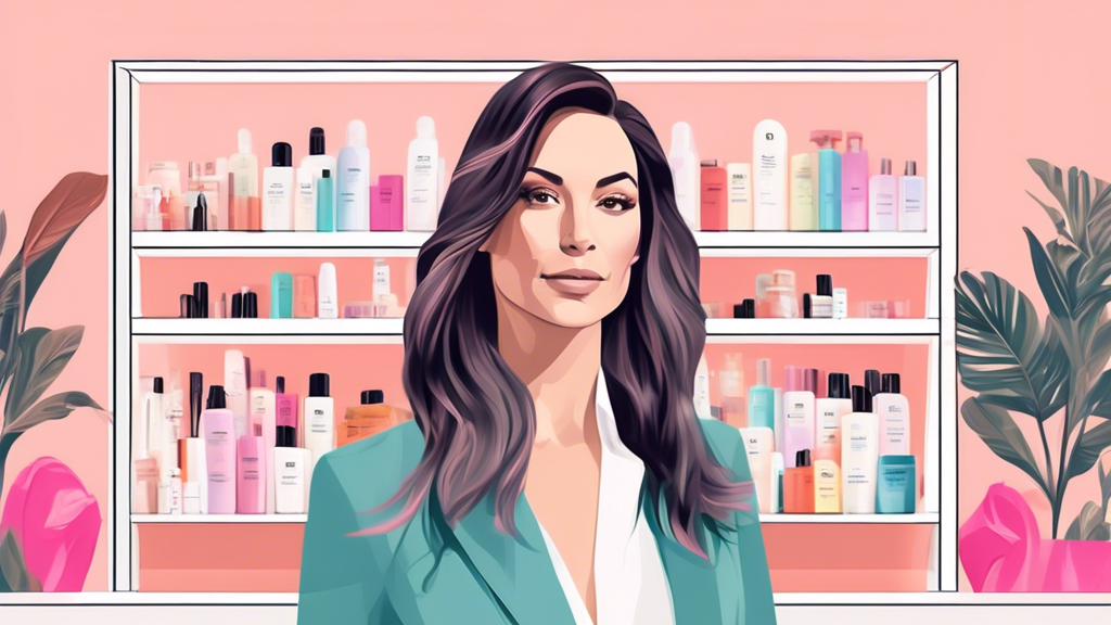 Create a portrait of Jen Atkin standing in a modern, chic hair salon holding OUAI Haircare products, with stylish decor and shelves lined with the sleek, minimalist packaging of the haircare line, ref