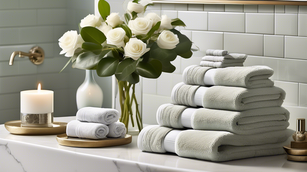 Create an image showcasing the luxurious aesthetic of Crown Affair towels. Arrange them artfully in a serene, spa-like bathroom setting, featuring soft, neutral tones. Emphasize the towels' plush text