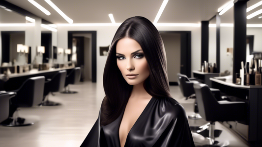 Create an image of a sophisticated and elegant woman in a modern salon, showcasing her freshly styled dark hair with subtle ash foils. The hair should have a glossy finish, with the ash foils adding d