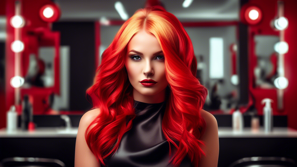 A vibrant, high-fashion hair salon scene featuring a woman with stylish, blonde and red foiled hair. The colors should be bold and vivid, highlighting the dynamic contrast between the two shades. The 