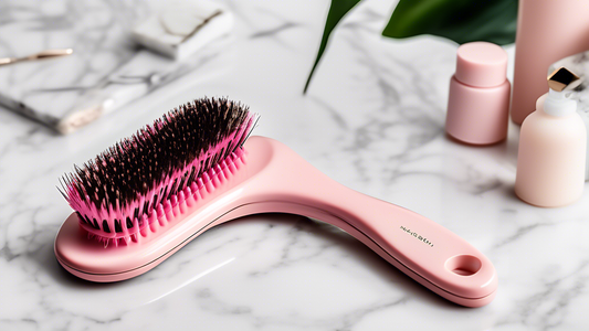 A high-quality photograph of a Mason Pearson hairbrush with pink bristles elegantly displayed on a marble countertop, surrounded by beauty products and pastel-colored decor. The image showcases the lu