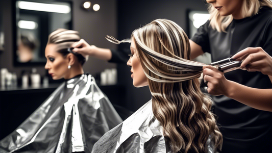 Create a detailed image of a professional hair salon where a skilled hairstylist is applying foil highlights to a client's hair. The scene should focus on the precision and technique used, with sectio