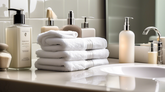 Create an image of a luxurious, ultra-soft towel draped gracefully over a bathroom vanity, surrounded by high-end haircare products like shampoos, conditioners, and hair serums. The towel should have 