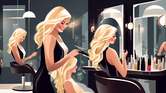 Create an image of a woman at a modern, stylish hair salon, receiving blonde foils on her dark blonde hair. The stylist is carefully applying the foils while the woman looks in the mirror, smiling, wi