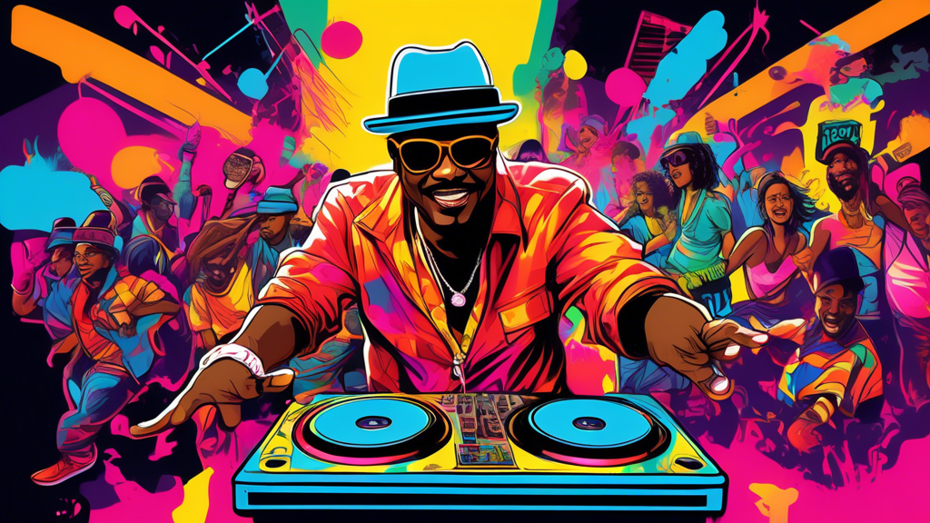 Create an image of Fab 5 Freddy DJing at an energetic, colorful 1980s hip-hop party. Captivate the vibrant graffiti-covered backdrop, breakdancers showcasing their moves, and partygoers in retro fashi