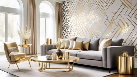 Create a stylish and modern living room scene showcasing the transformation brought by elegant accent foils. Highlight a feature wall adorned with metallic, geometric-patterned accent foil in shades o