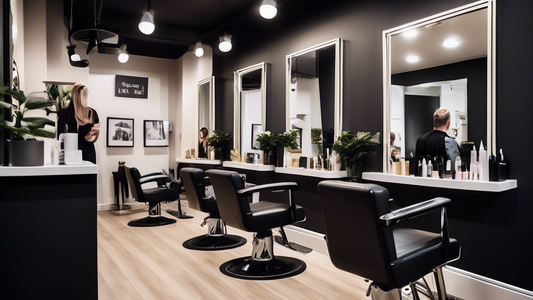 Create an image of a friendly and modern hair salon with a sign that says 'Walk-Ins Welcome'. The salon is located on a bustling street, surrounded by diverse shops and cafes. Clients of different age