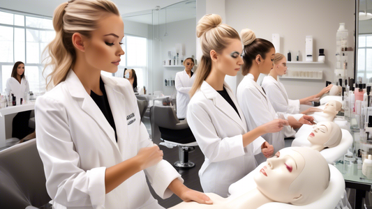 A stylish, modern classroom filled with esthetician students practicing skincare techniques on mannequin heads. The room has a professional setup with beauty salon equipment, mirrors, and posters of s