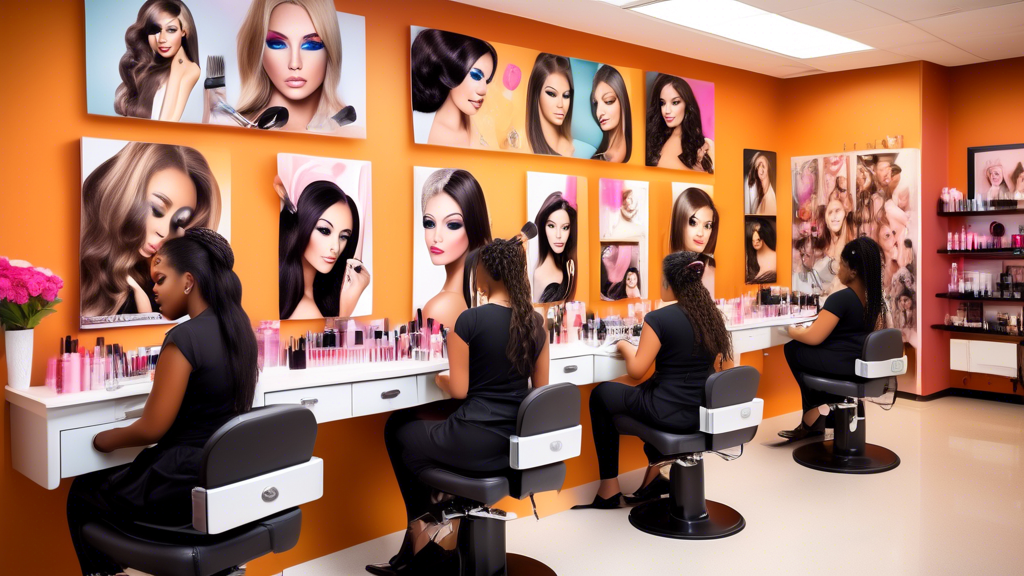 Create an image of a modern, vibrant beauty academy bustling with diverse students engaged in various cosmetology activities. Capture detailed scenes of students learning makeup application, hairstyli