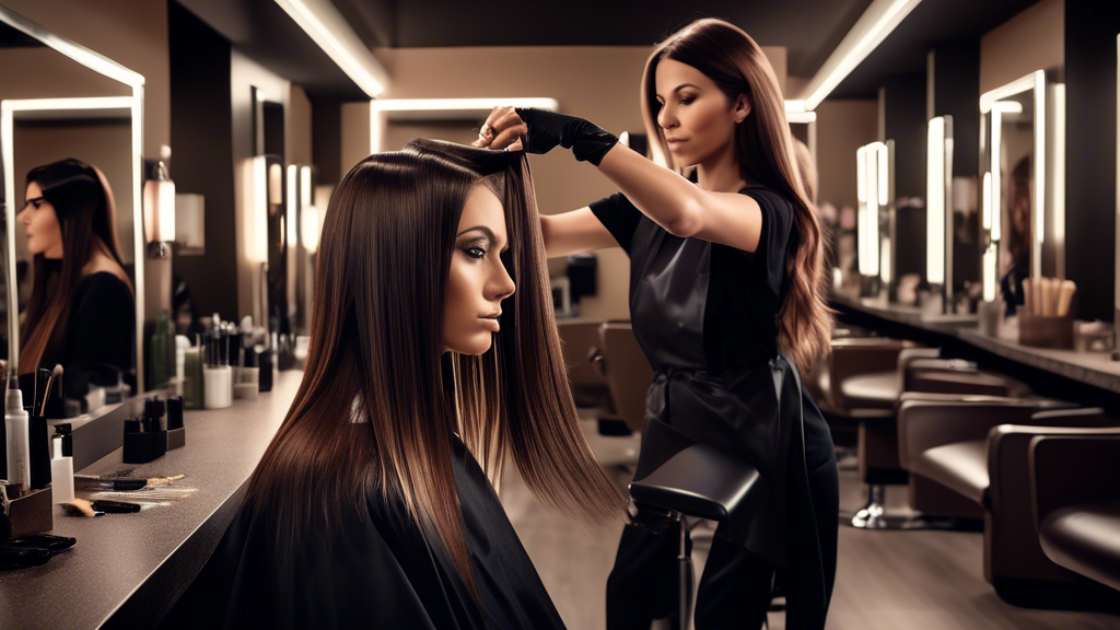 Create an image showcasing a person with dark brown hair sitting in a modern salon, with a stylist adding subtle highlights to their hair. The scene is vibrant, with various shades of hair color sampl