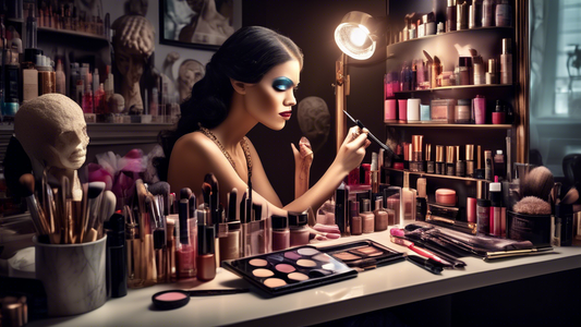 A high-resolution image featuring a diverse array of makeup tools and cosmetics arranged artfully on a vanity table, with a cosmetologist applying makeup to a model. The background showcases detailed 