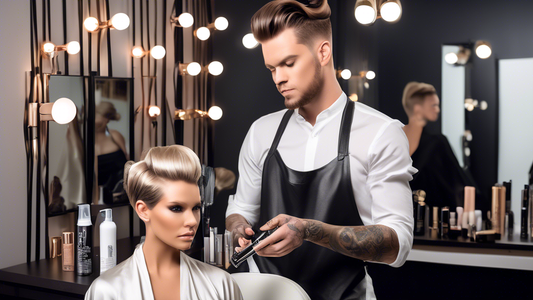 Create an image of Sam McKnight in a sleek, modern salon surrounded by various innovative hair styling tools and his latest hairspray product prominently displayed. Sam is holding the hairspray can wi