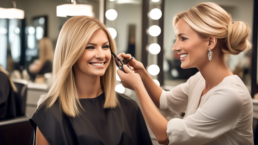 A high-resolution image of a stylish woman with medium-length blonde hair, showcasing expertly done foxy blonde highlights. The setting is a trendy, upscale salon with modern decor. The woman is smili