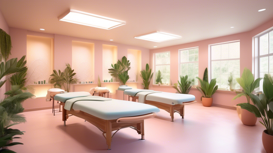 A serene, modern spa school with students practicing on massage tables, learning skincare techniques, and engaging in relaxation therapy sessions. The environment is calm and inviting, with plenty of 