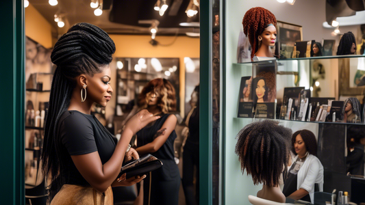 A vibrant urban street lined with diverse black hair salons, each showcasing elegant window displays of various hairstyles. In the foreground, a confident and stylish Black woman is examining a salon 