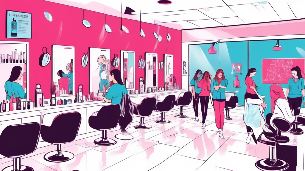 A vibrant salon setting with diverse students and instructors actively engaged in various beauty training activities such as hairdressing, makeup application, and skincare. The background features sta