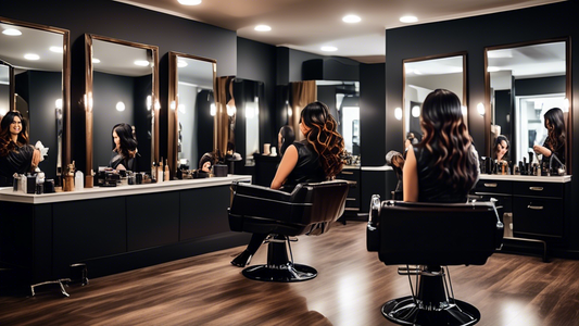 A vibrant salon setting, showcasing a confident woman with glossy black hair adorned with subtle yet stunning brown foils. Stylists in the background are seen working on similar transformations. The a