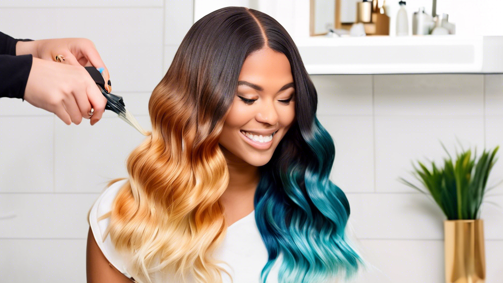 A detailed, step-by-step tutorial image of a woman achieving ombre hair at home. The image showcases various stages of the process: sectioning the hair, applying the bleach, blending colors, and the f