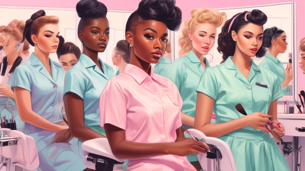 An enchanting, pastel-colored illustration of a diverse group of students in their late teens and early twenties, all dressed in stylish beauty school uniforms. They are attentively learning various b