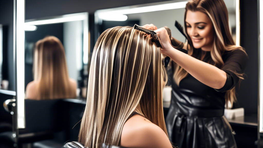 A stylish modern salon with a professional hairdresser using Procare Hair Foil to apply highlights to a client's hair. The hairdresser is focused and smiling, showing precision and confidence. The cli