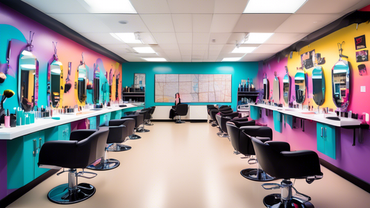 Create an image of a modern cosmetology classroom filled with students engaging in practical and theoretical learning. Include elements such as hairstyling stations, makeup kits, instructional diagram