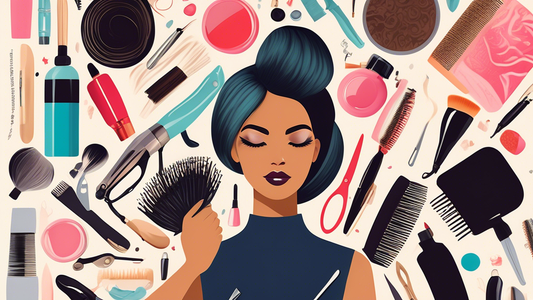 An elegant, artfully illustrated collage featuring key elements of modern cosmetology, showcasing beauty tools like scissors, makeup brushes, a hair dryer, and skincare products. Central to the image 