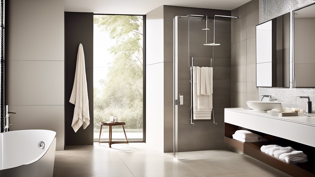 Create an image of a luxurious bathroom with a modern aesthetic, featuring an elegantly designed Aquis body towel hanging from a minimalist towel rack. The towel should appear soft and absorbent, with