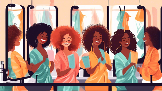 Create an image showing a diverse group of women with beautifully styled curly hair. They are happily drying their hair with a variety of soft, colorful microfiber towels. Some women are in front of m