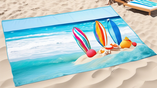 Create an image that showcases various vibrant quick-dry beach towels on a sandy beach. Include clear blue ocean waves and people enjoying beach activities. Highlight the towels with features like san