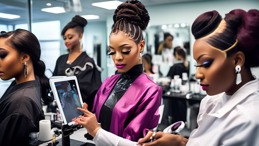 A detailed, vibrant image of a modern cosmetology classroom filled with advanced tools and equipment. A diverse group of students is actively engaged in hands-on learning, working on mannequins, and p