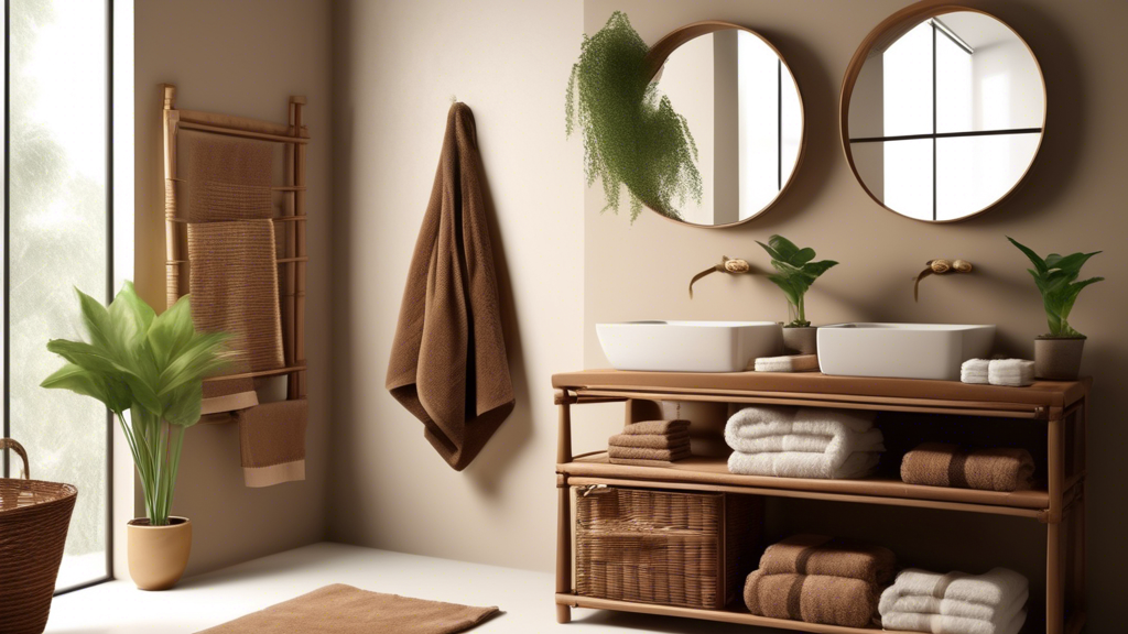 Prompt for DALL-E: A serene bathroom setting with elegant, plush brown bath towels hanging neatly on a towel rack and rolled in a woven basket. The bathroom features a stylish interior with earthy ton