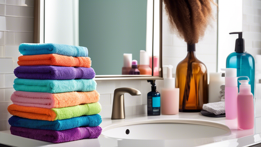 Create an image showing a collection of microfiber towels in various vibrant colors and patterns, neatly arranged on a sleek bathroom countertop. Include a large mirror reflecting a person with curly 