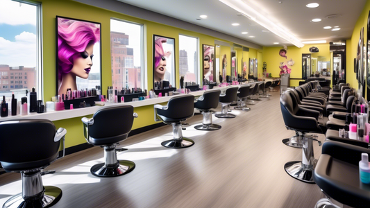 Photorealistic image of a bustling, modern cosmetology classroom, filled with students practicing various beauty techniques such as hairstyling, makeup application, and nail art. The room is equipped 