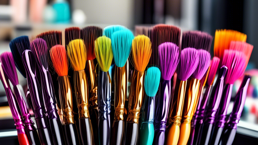 Create a detailed image of a variety of hair dye applicator brushes displayed in an organized manner on a salon counter. The brushes should vary in size, shape, and bristle type, with labels highlight