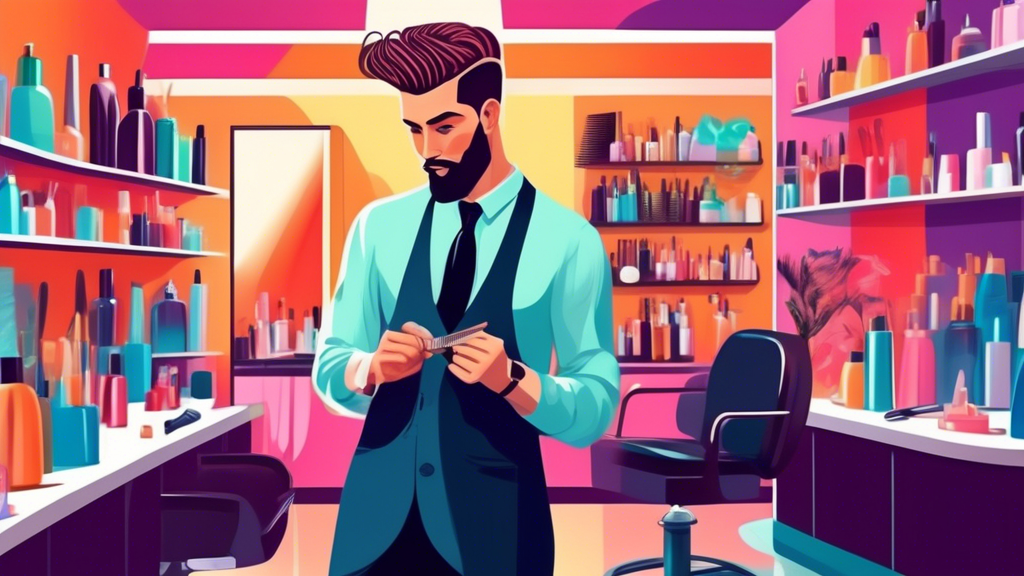 An elegantly dressed man standing in a modern salon, using a specialized comb to apply hair color to his stylish haircut. The scene is vibrant and trendy, showcasing the various shades blending seamle