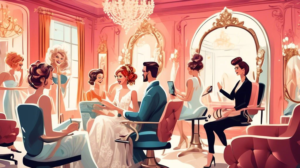 A radiant bride sitting in a luxurious salon chair in front of an ornate mirror, surrounded by professional hairstylists presenting different hairstyle options for her wedding day. The scene captures 