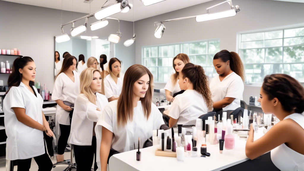 Create an image that features a diverse group of students attentively participating in an aesthetician class, surrounded by beauty equipment and skincare products. The classroom setting should be mode